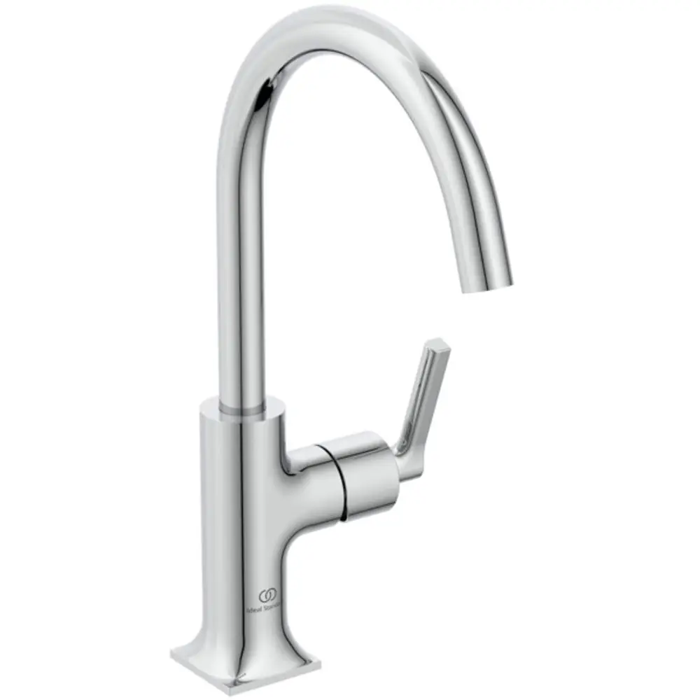 Waschtischarmatur aus verchromtem Material mit einem hohen Bogen und einem Hebelgriff. Produkt von Ideal Standard.